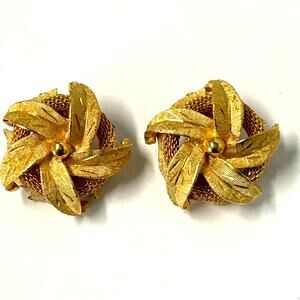 Vintage Kramer Brushed Gold Toned Flower Clip On Earrings